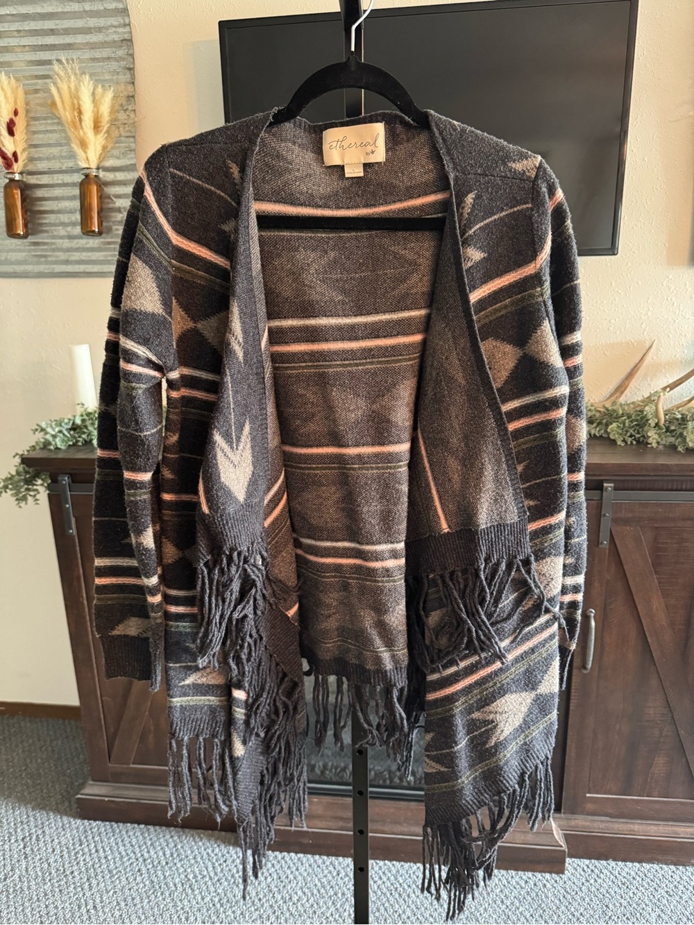 Therreal Open-Front Fringe Cardigan Shrug in Charcoal with Pink Stripes